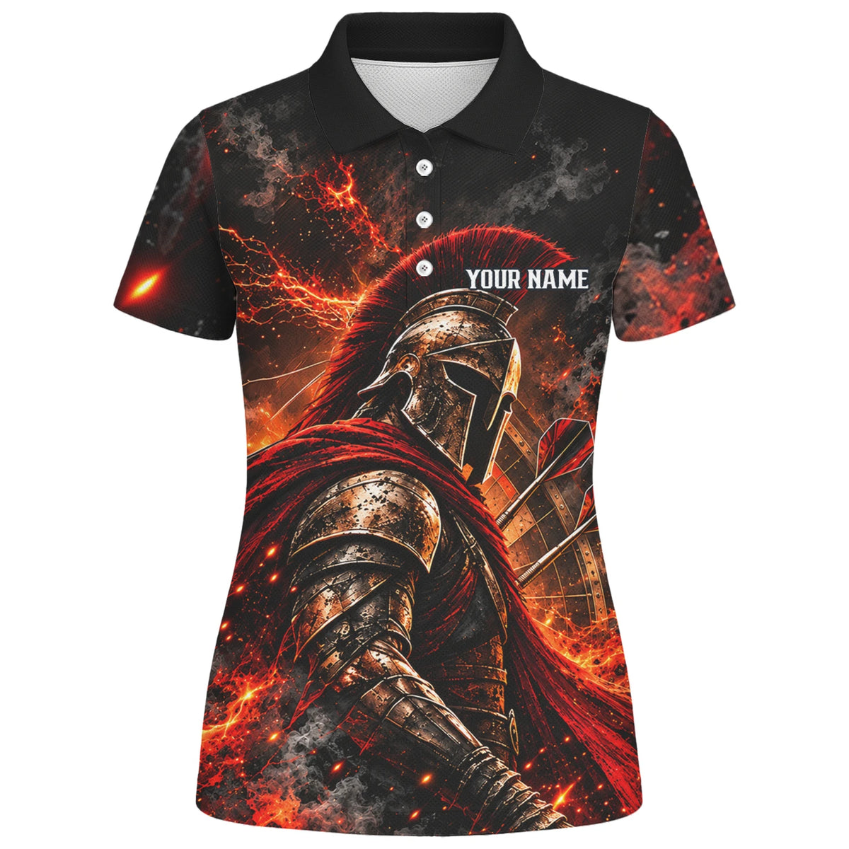 Personalisiertes Dartshirt in Schwarz, Rot und Orange mit Spartanerhelm, Flammen und Dartscheibe für Damen Z3444