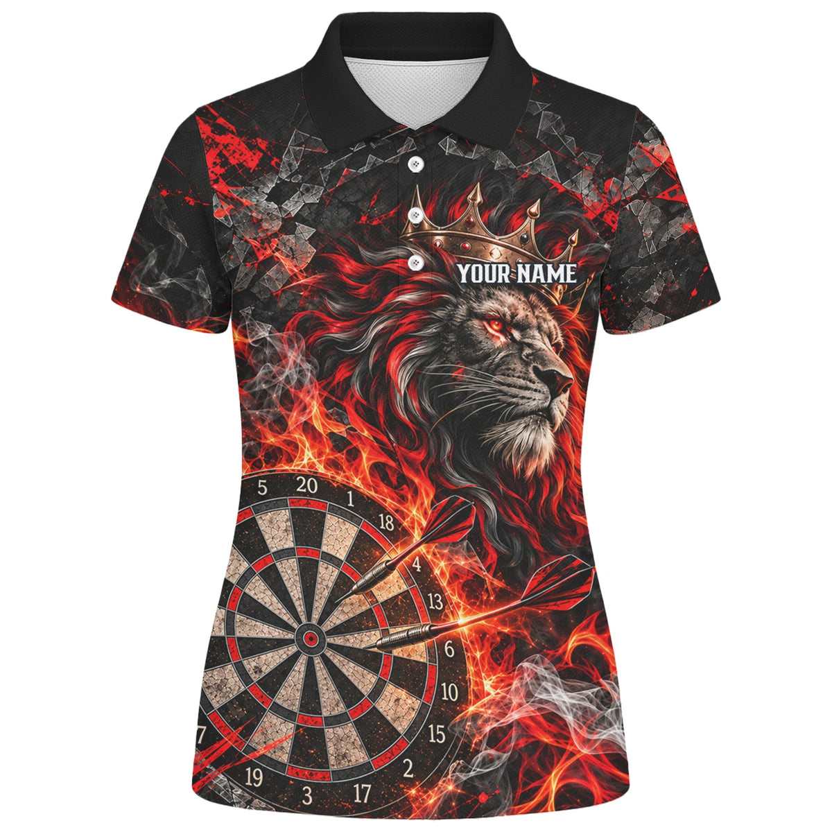 Personalisiertes Dartshirt in Schwarz und Rot mit gekröntem Löwen, Flammen und Dartscheibe für Damen O5343