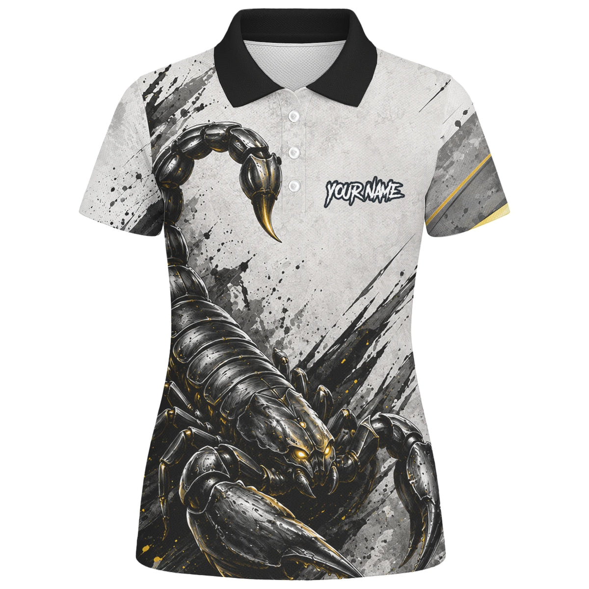 Personalisiertes Dartshirt mit weiß-schwarz-goldenem Skorpion für Damen S226
