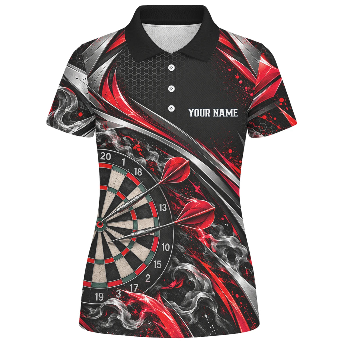 Personalisiertes Dartshirt in Schwarz, Rot und Silber mit geschwungenen Linien und Dartscheibe für Damen L9172