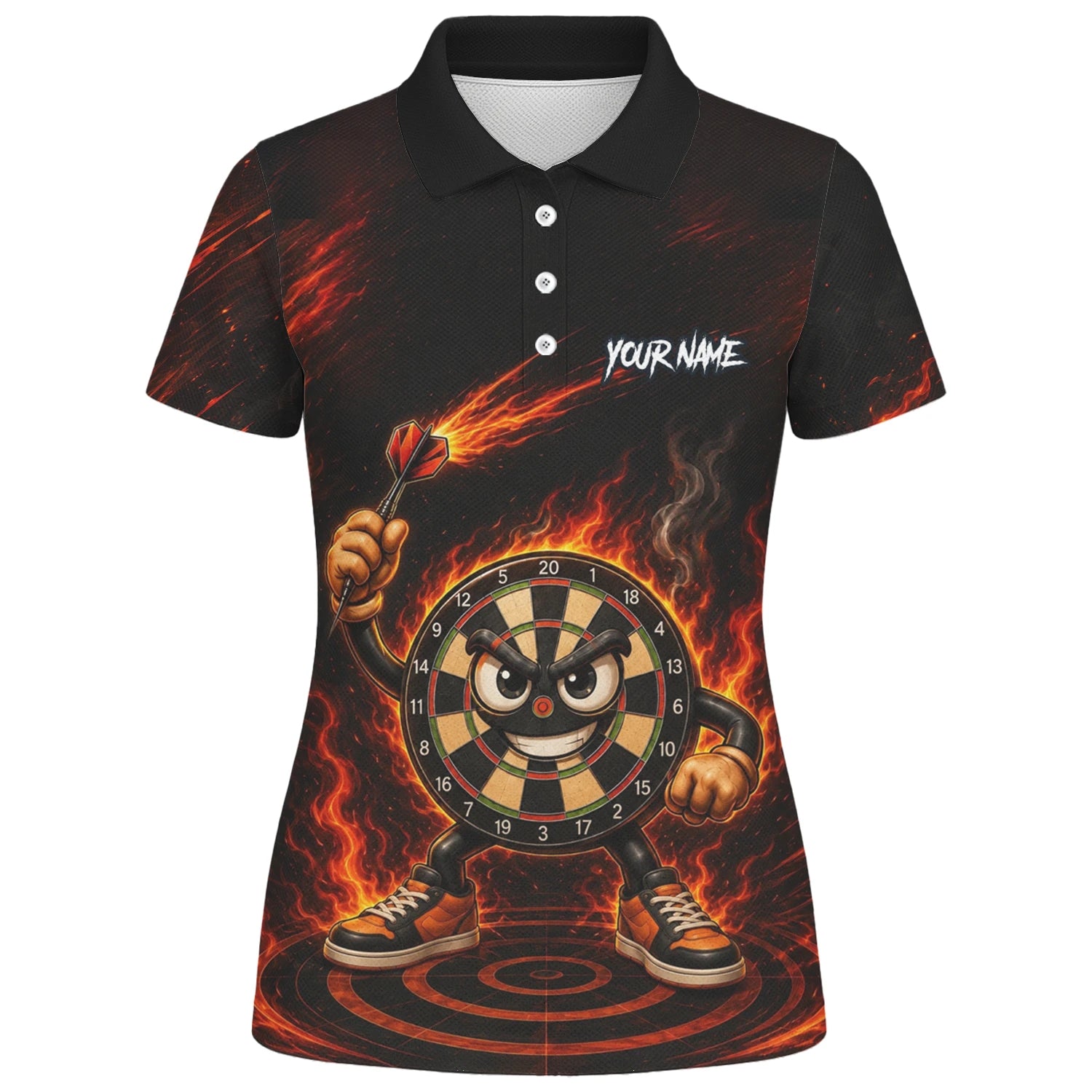 Personalisiertes Schwarz-rotes Flammen-Dartboard-Dartshirt für Damen W224