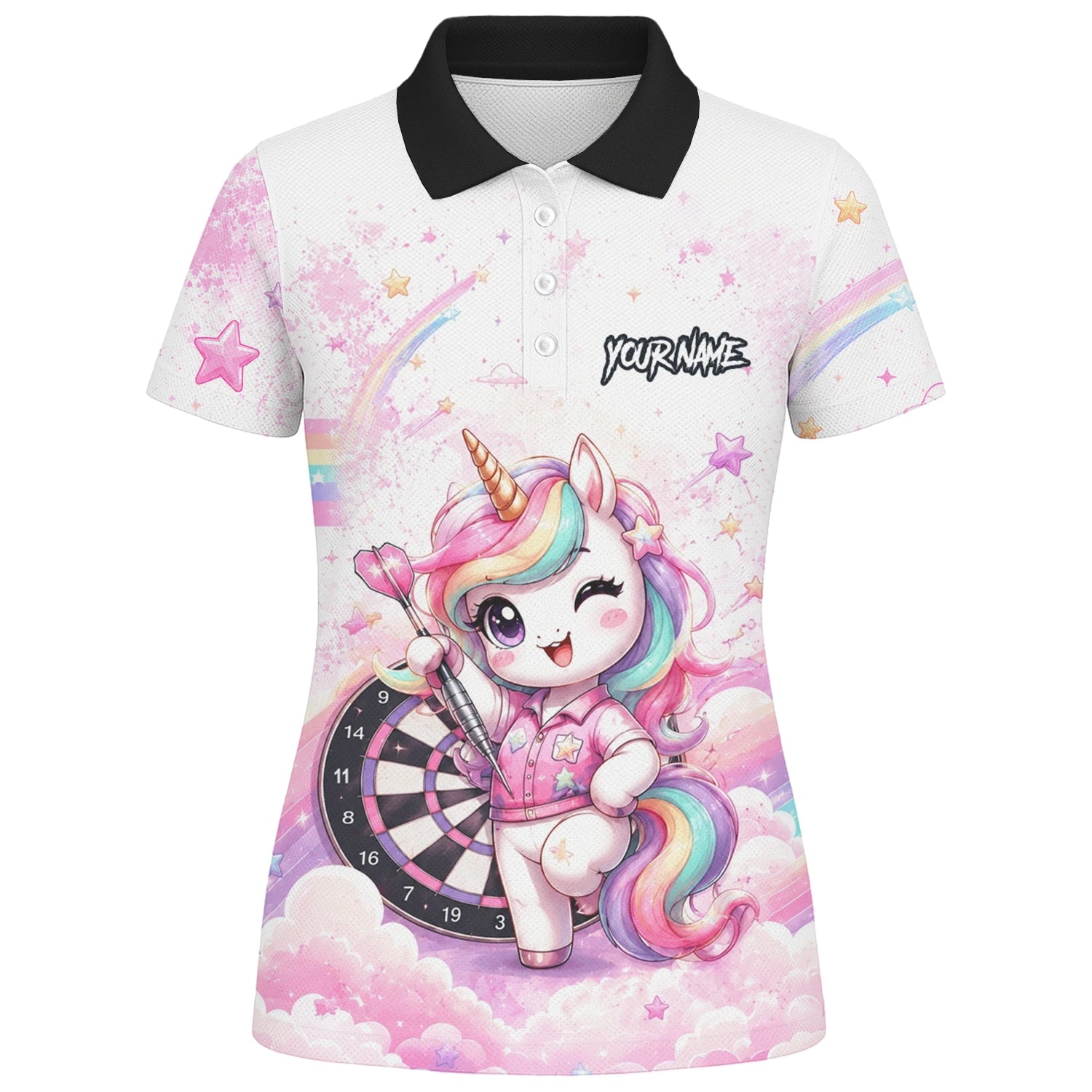 Personalisiertes Weiß-rosa Regenbogen-Einhorn-Dartshirt für Damen F188