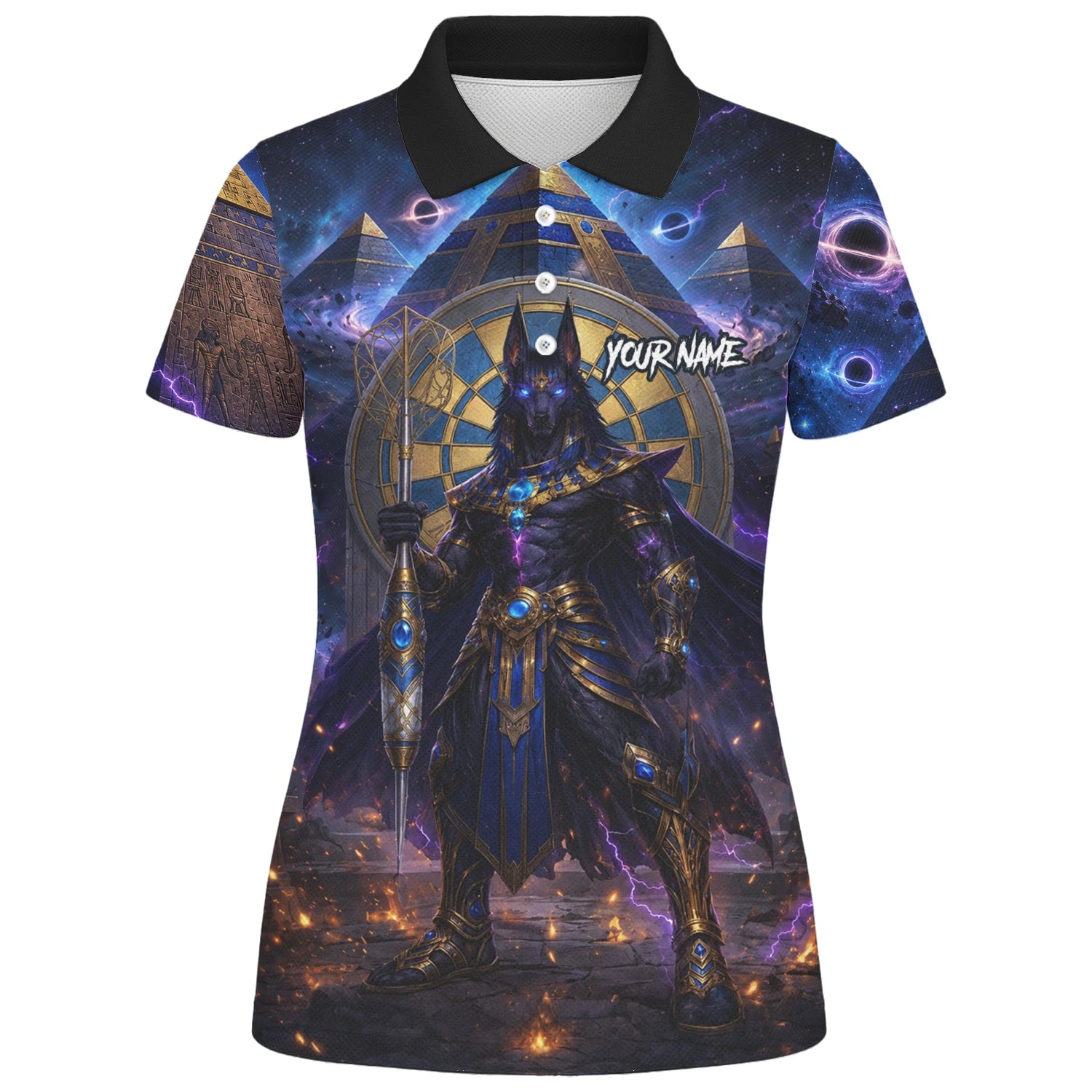 Personalisiertes Blau-gold-schwarzes Anubis-Dartshirt für Damen N118