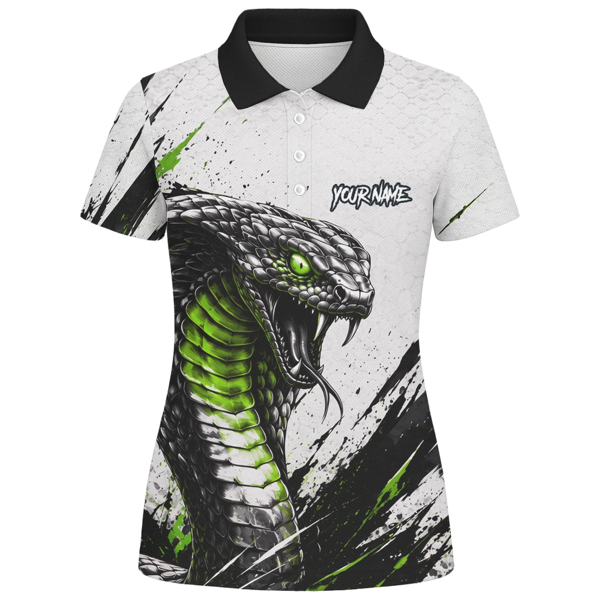 Personalisiertes Dartshirt mit weiß-schwarz-grüner Kobra für Damen A017