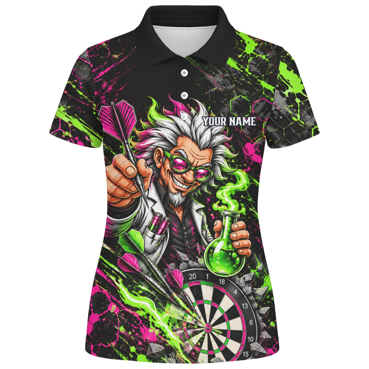 Personalisiertes Dartshirt in Schwarz, Grün und Pink mit verrücktem Wissenschaftler und Dartscheibe für Damen F9179