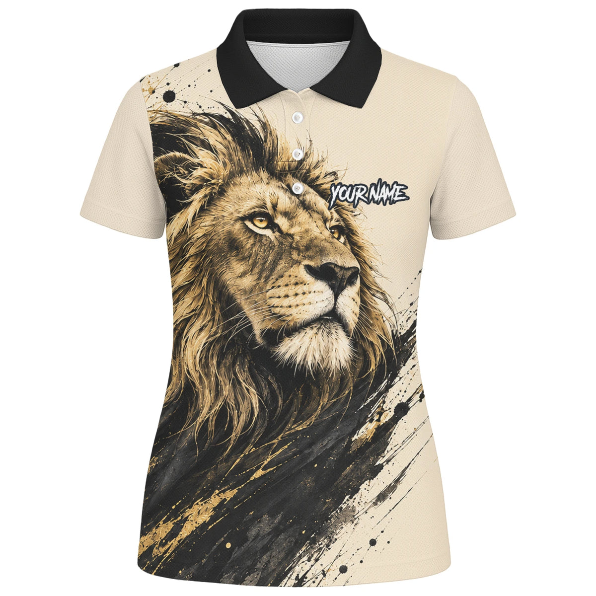 Personalisiertes Dartshirt mit creme-schwarz-goldenem Löwen für Damen Q209