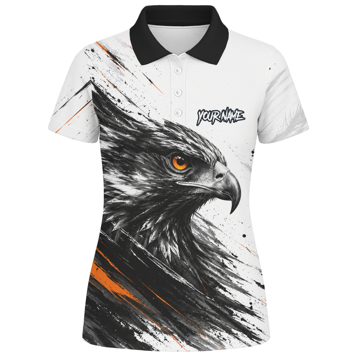 Personalisiertes Dartshirt mit weiß-schwarz-orangenem Adler für Damen V695