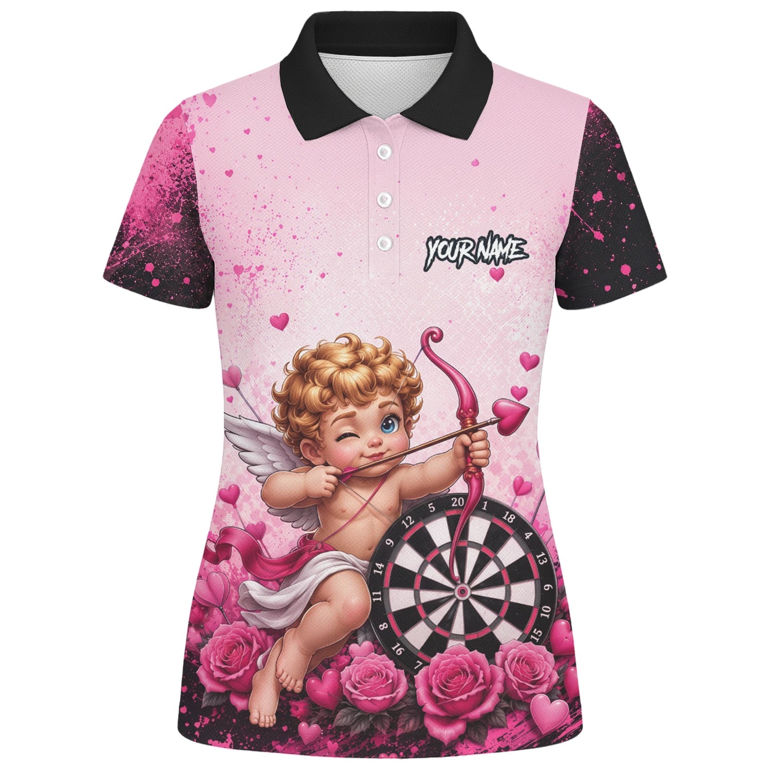 Personalisiertes Pink-schwarzes Amor-Dartboard Dartshirt für Damen I643