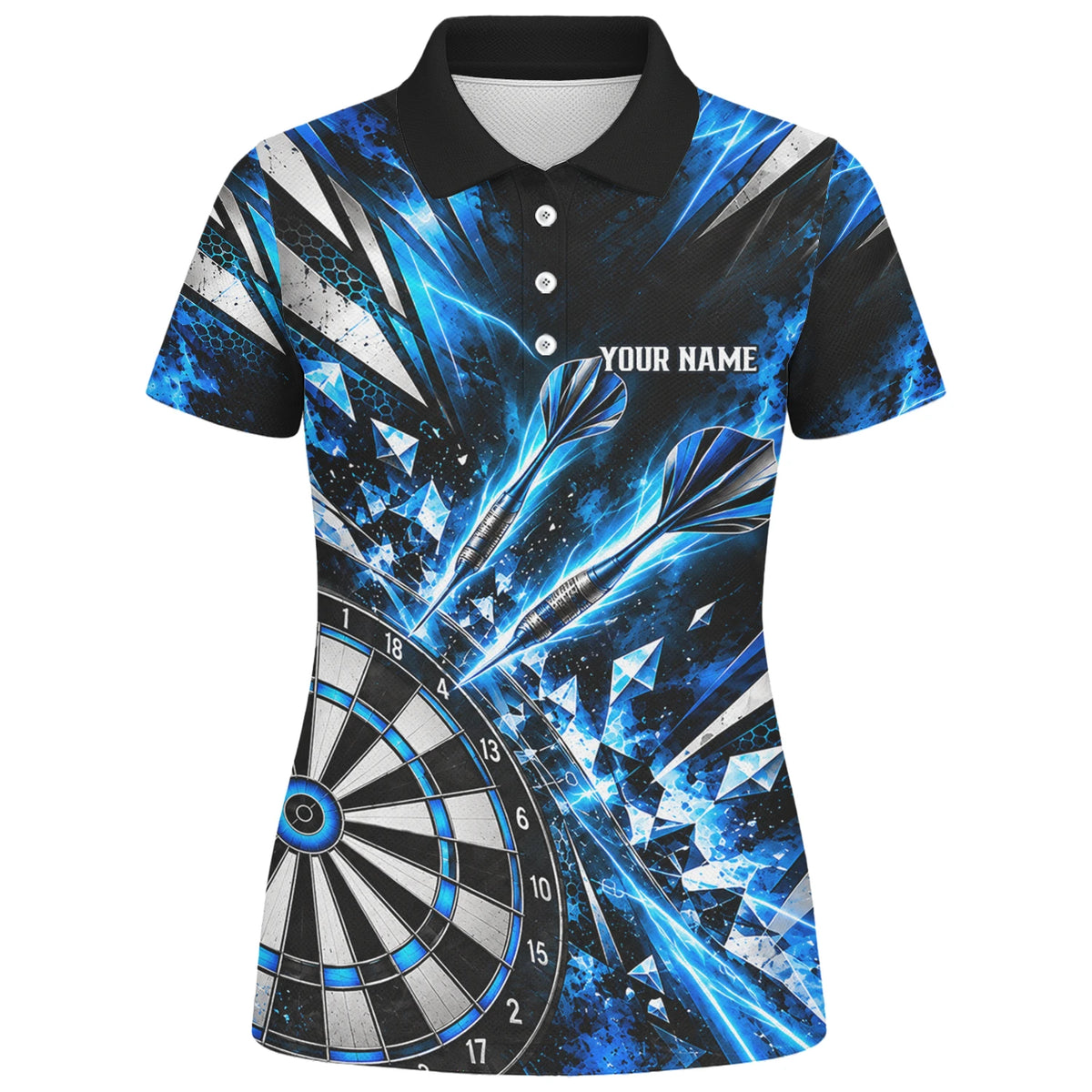 Personalisiertes Dartshirt in Schwarz, Blau und Silber mit geometrischen Splittern, Dartpfeilen und Dartscheibe für Damen N0176