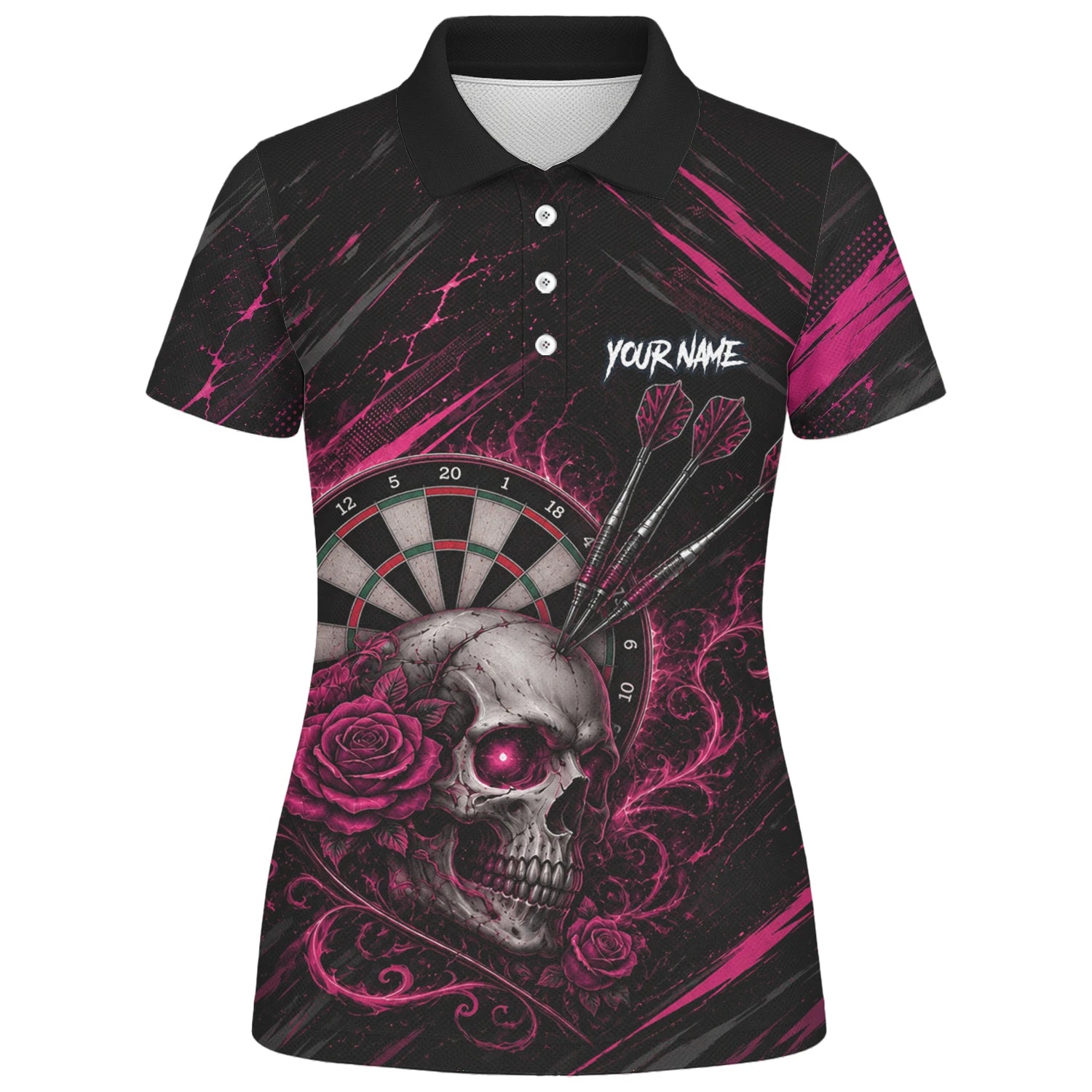 Personalisiertes Schwarz-pink Totenkopf-und-Rosen-Dartshirt für Damen V308