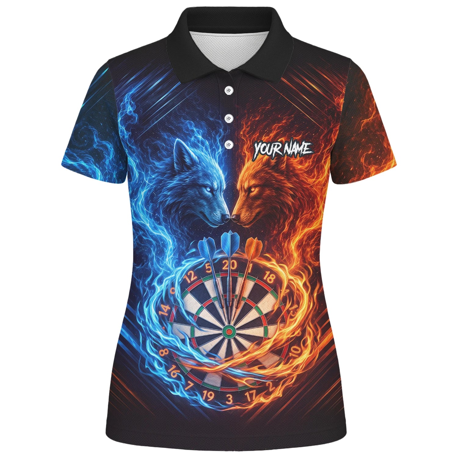 Personalisiertes Blau-oranges Wolf-Flammen-Dartboard Dartshirt für Damen A749