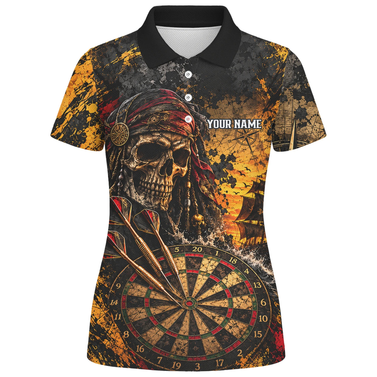 Personalisiertes Dartshirt in Schwarz und Gold mit Piraten-Totenkopf, Segelschiff und Dartscheibe für Damen N7943