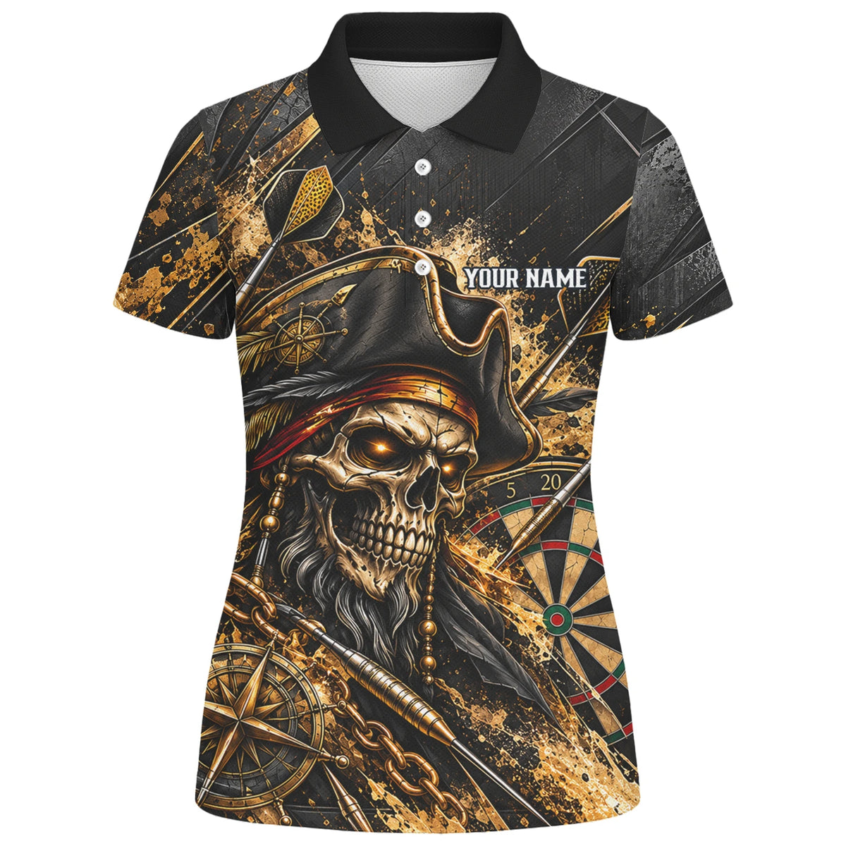 Personalisiertes Dartshirt in Schwarz und Gold mit Piraten-Totenkopf und Dartscheibe für Damen X7403