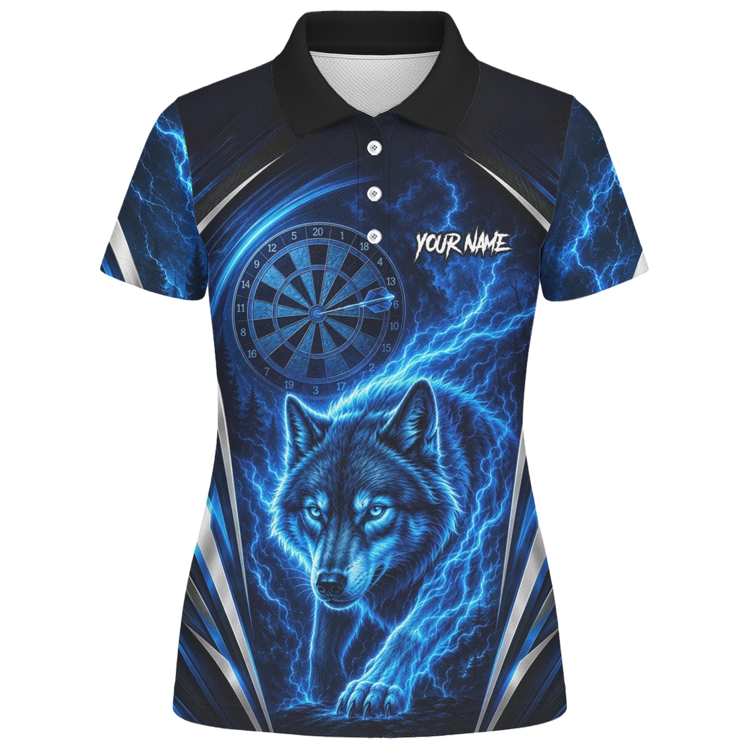 Personalisiertes Schwarz-blaues Wolf-Blitz-Dartshirt für Damen X929