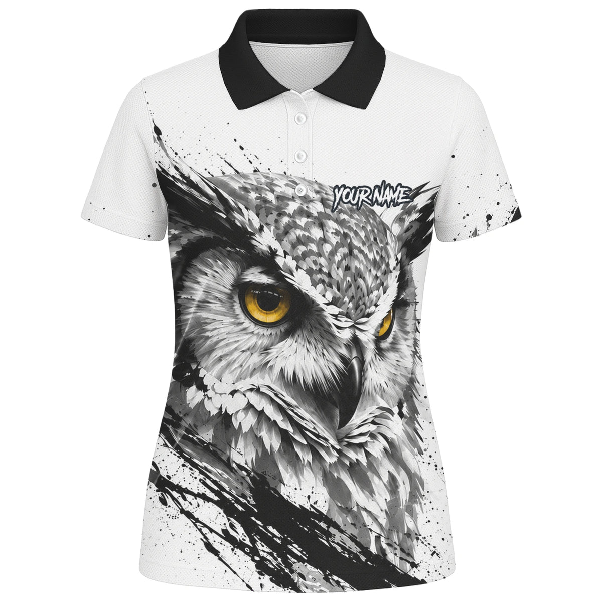 Personalisiertes Dartshirt mit weiß-schwarz-gelber Eule für Damen P128