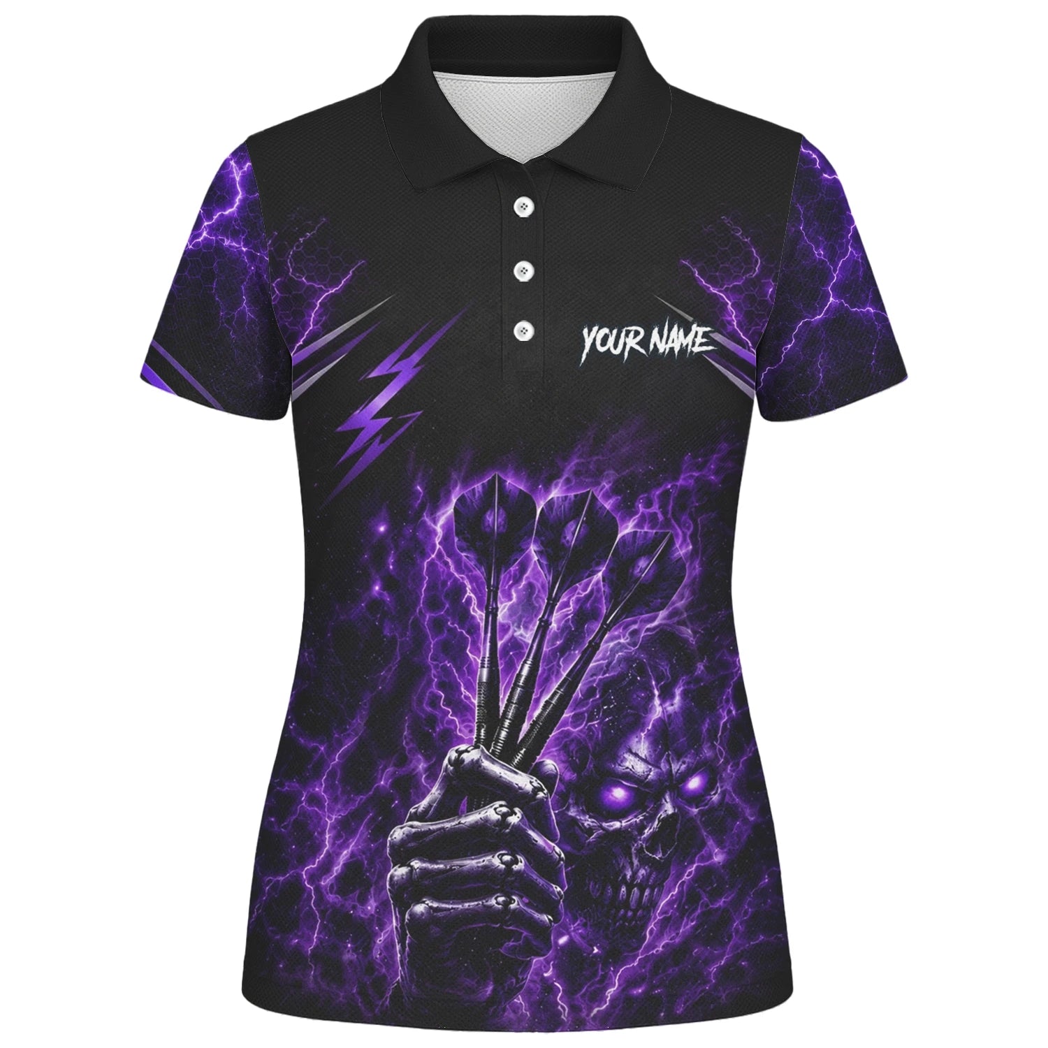 Personalisiertes Schwarz-lila Skeletthand-Dartshirt für Damen H822