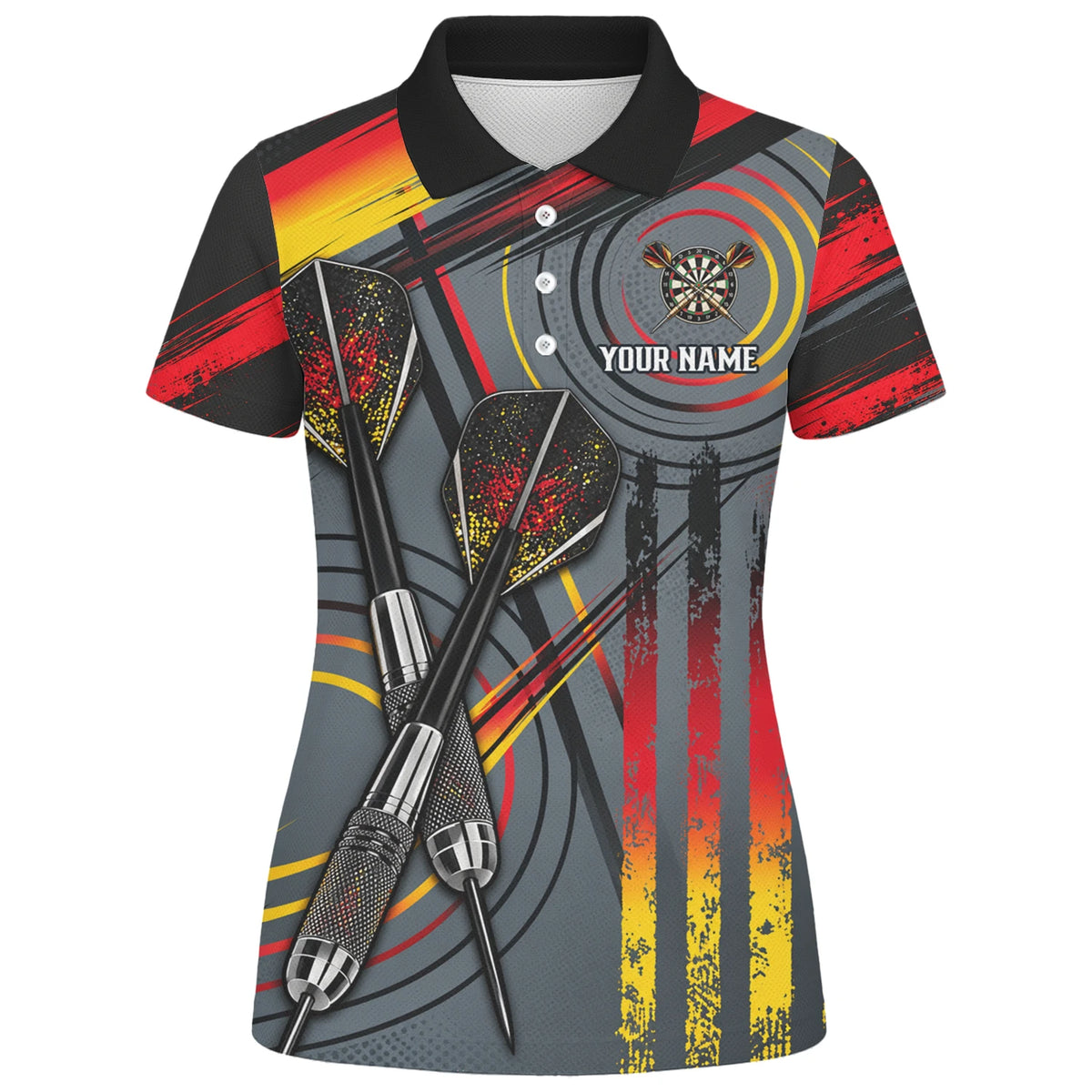 Personalisiertes Dartshirt in Grau, Schwarz, Rot und Gelb mit Dartpfeilen und Dartscheibe für Damen E2718