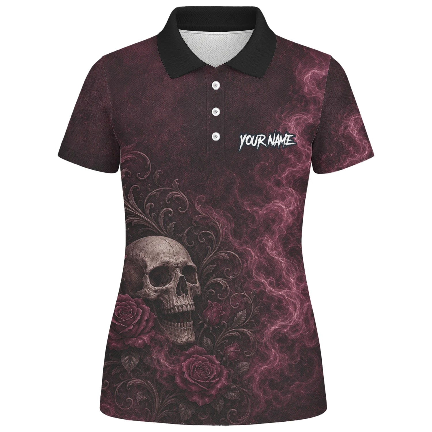 Personalisiertes Dunkelrot-schwarzes Totenkopf-Rosen-Dartshirt für Damen U786