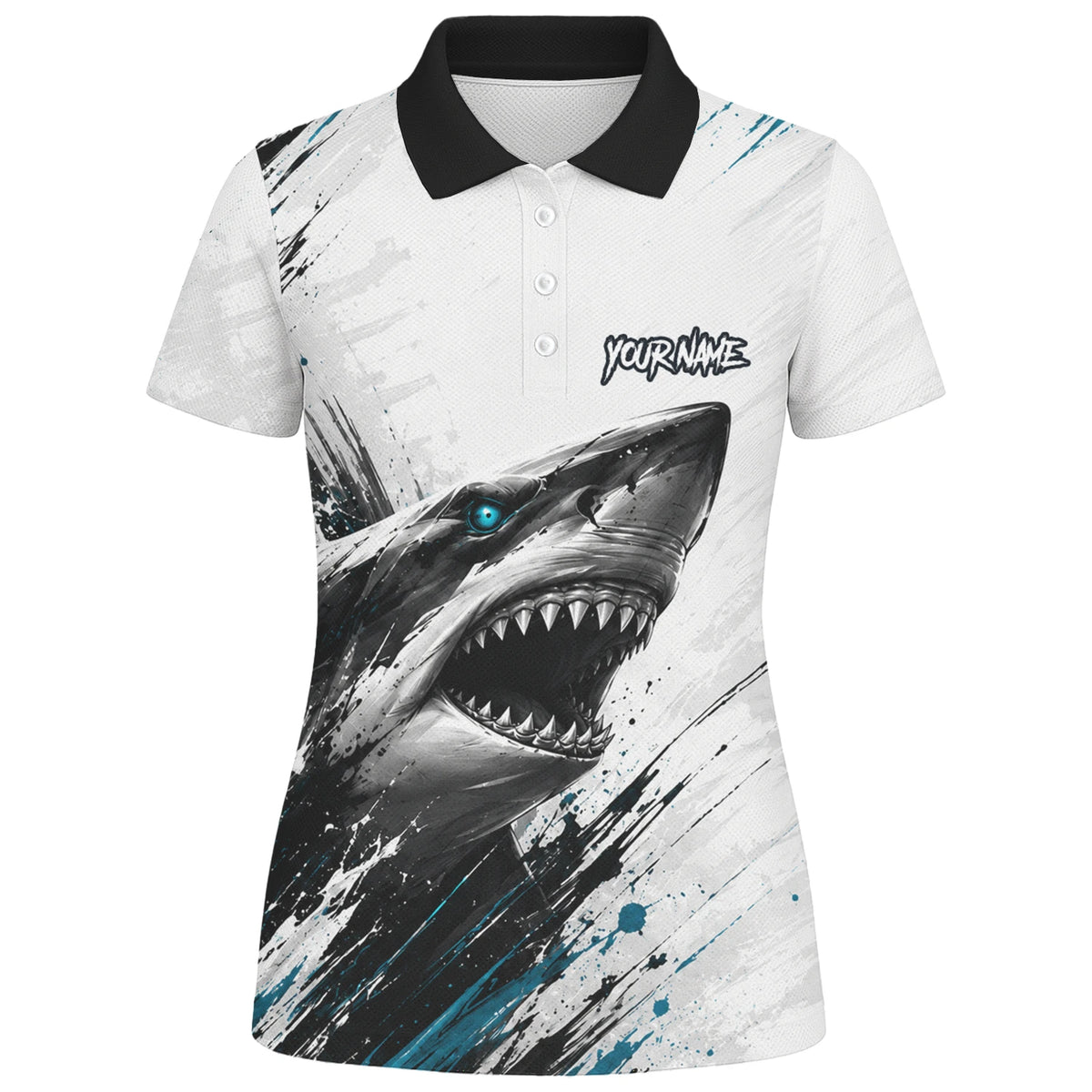 Personalisiertes Dartshirt mit weiß-schwarz-türkisem Hai für Damen D067
