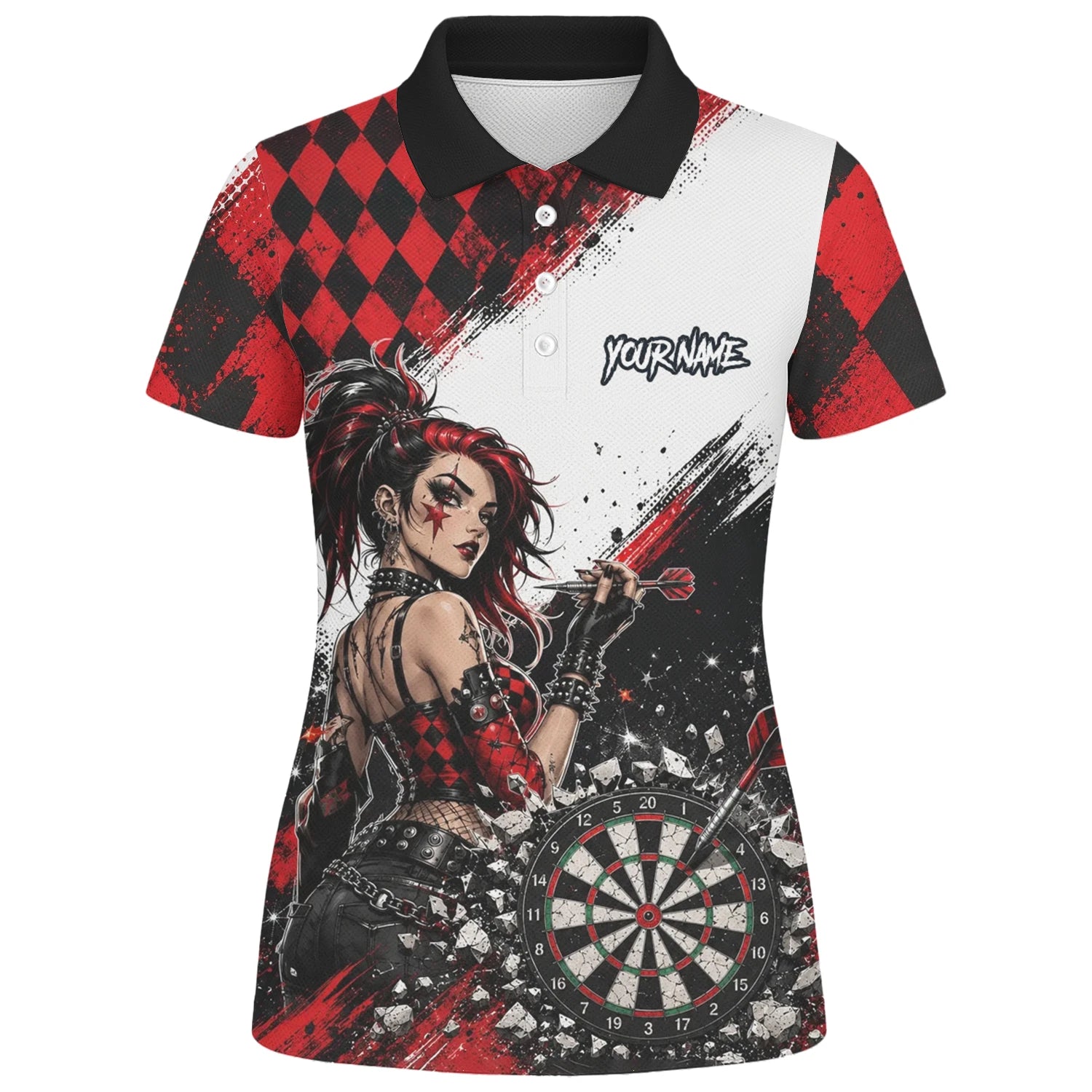Personalisiertes Rot-schwarzes Gothic-Harlekin Dart Poloshirt für Damen K572