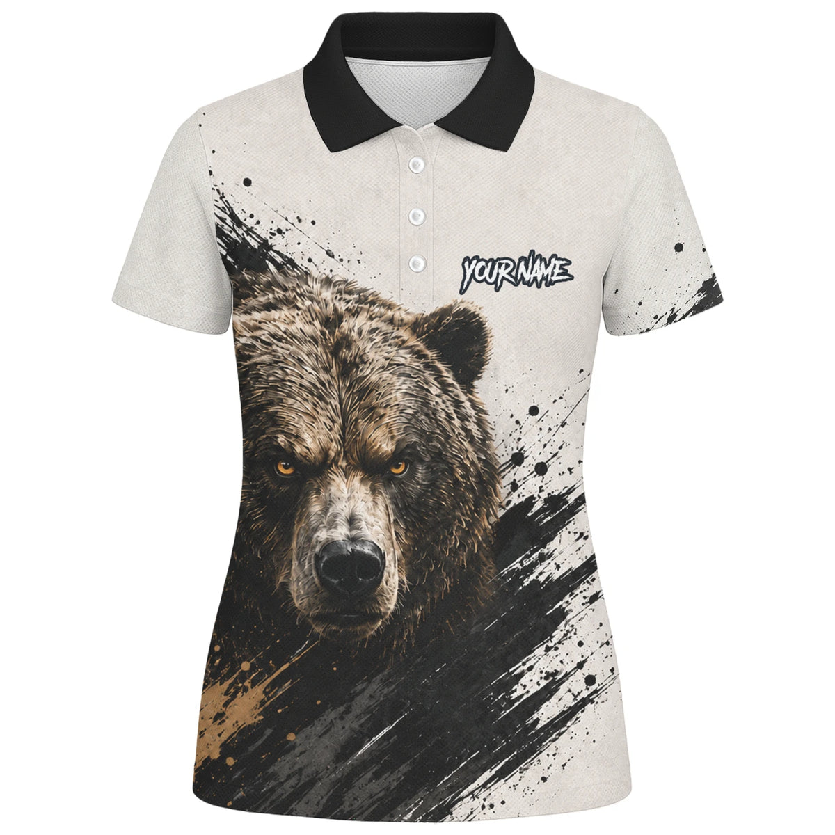 Personalisiertes Dartshirt mit weiß-schwarz-braunem Bären für Damen F926