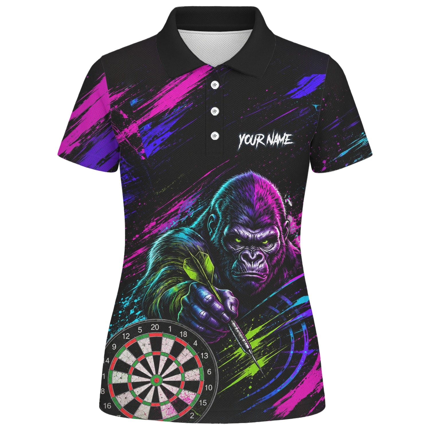 Personalisiertes Schwarz-pink-lila Gorilla-Dartshirt für Damen U874