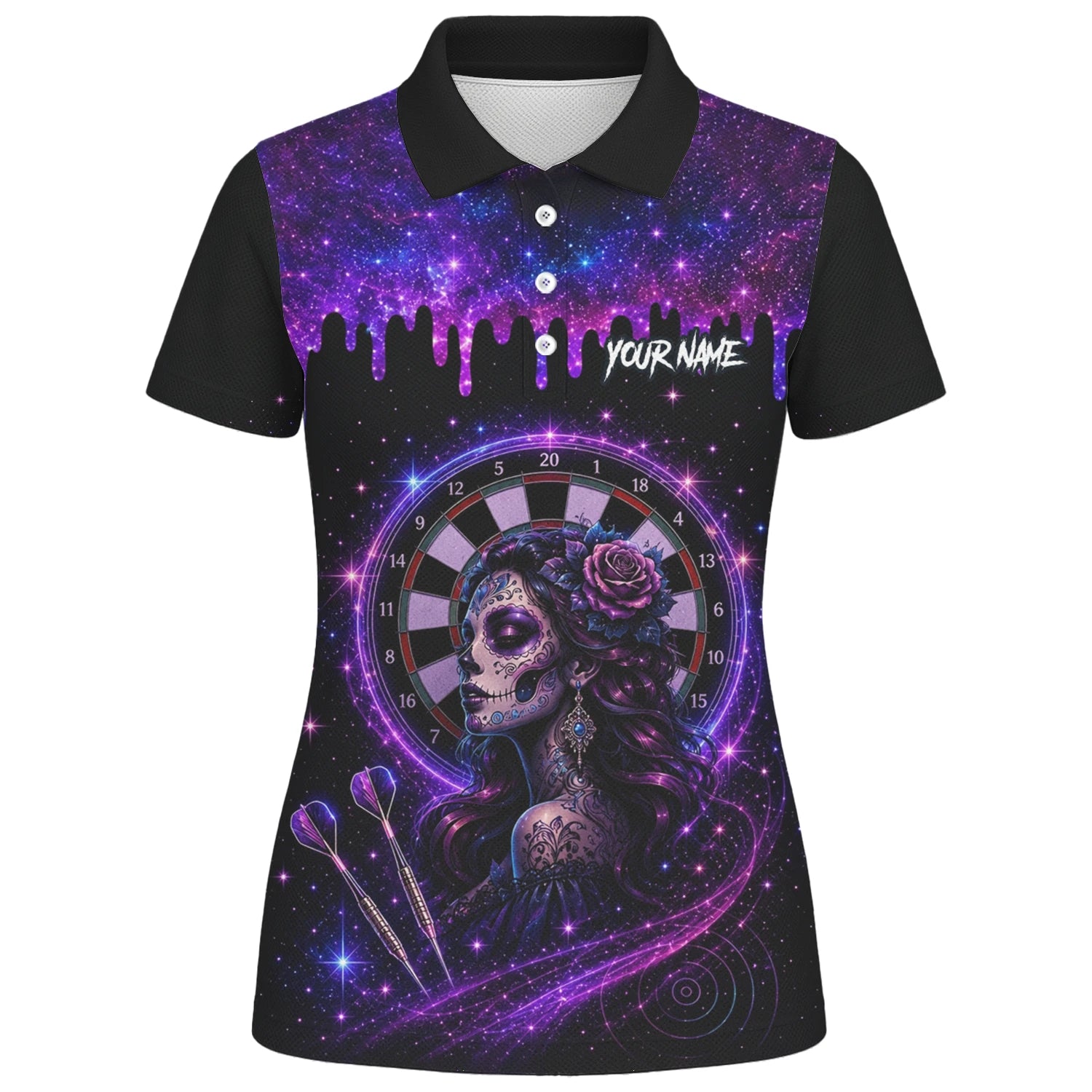 Personalisiertes Lila Galaxie Sugar-Skull-Dartshirt für Damen Z967