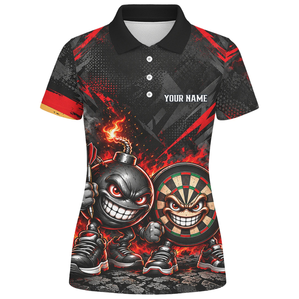 Personalisiertes Dartshirt in Schwarz und Rot mit feurigen Comic-Bomben und Dartscheibe für Damen U4656