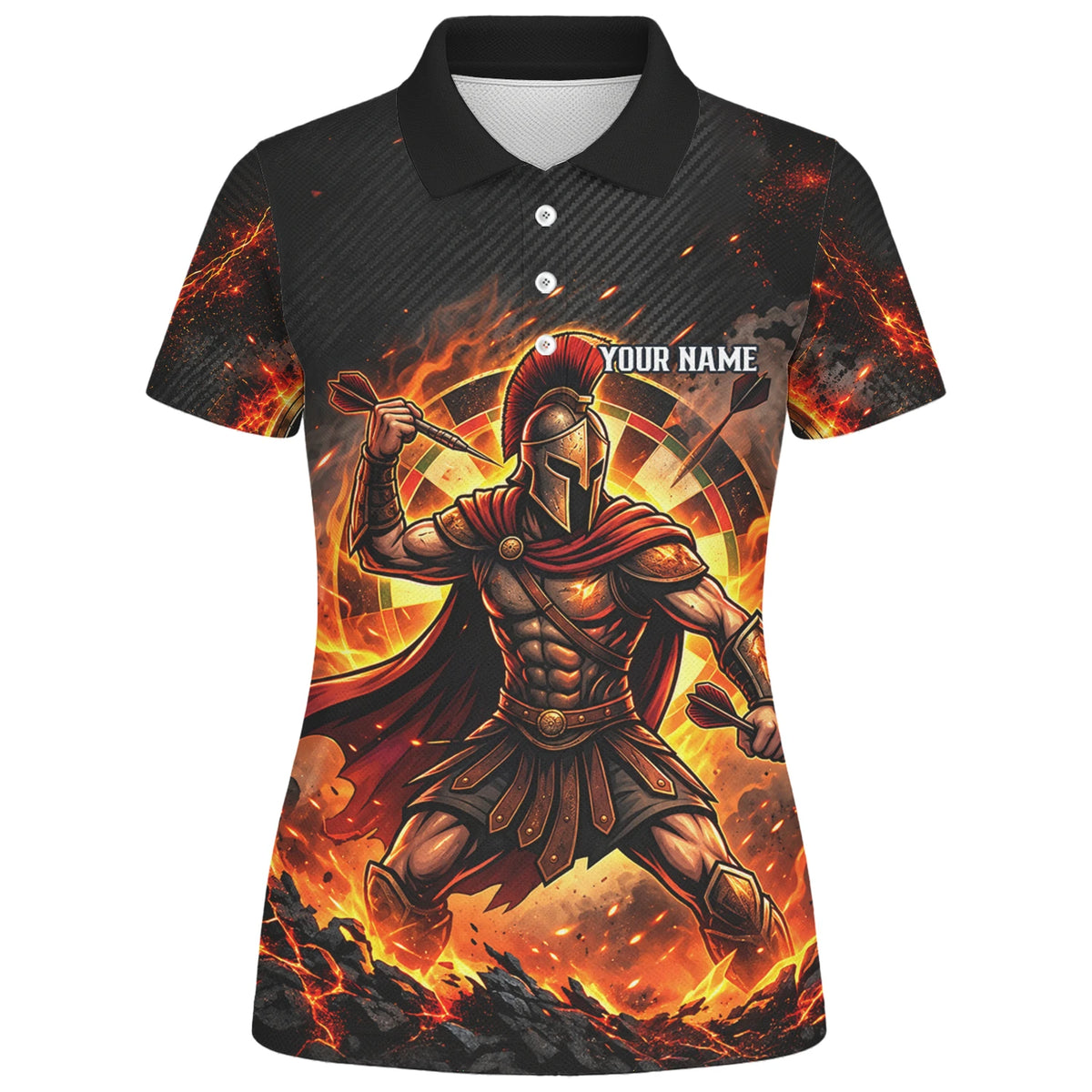 Personalisiertes Dartshirt in Schwarz, Rot und Orange mit spartanischem Krieger, Flammen und Dartscheibe für Damen X1710