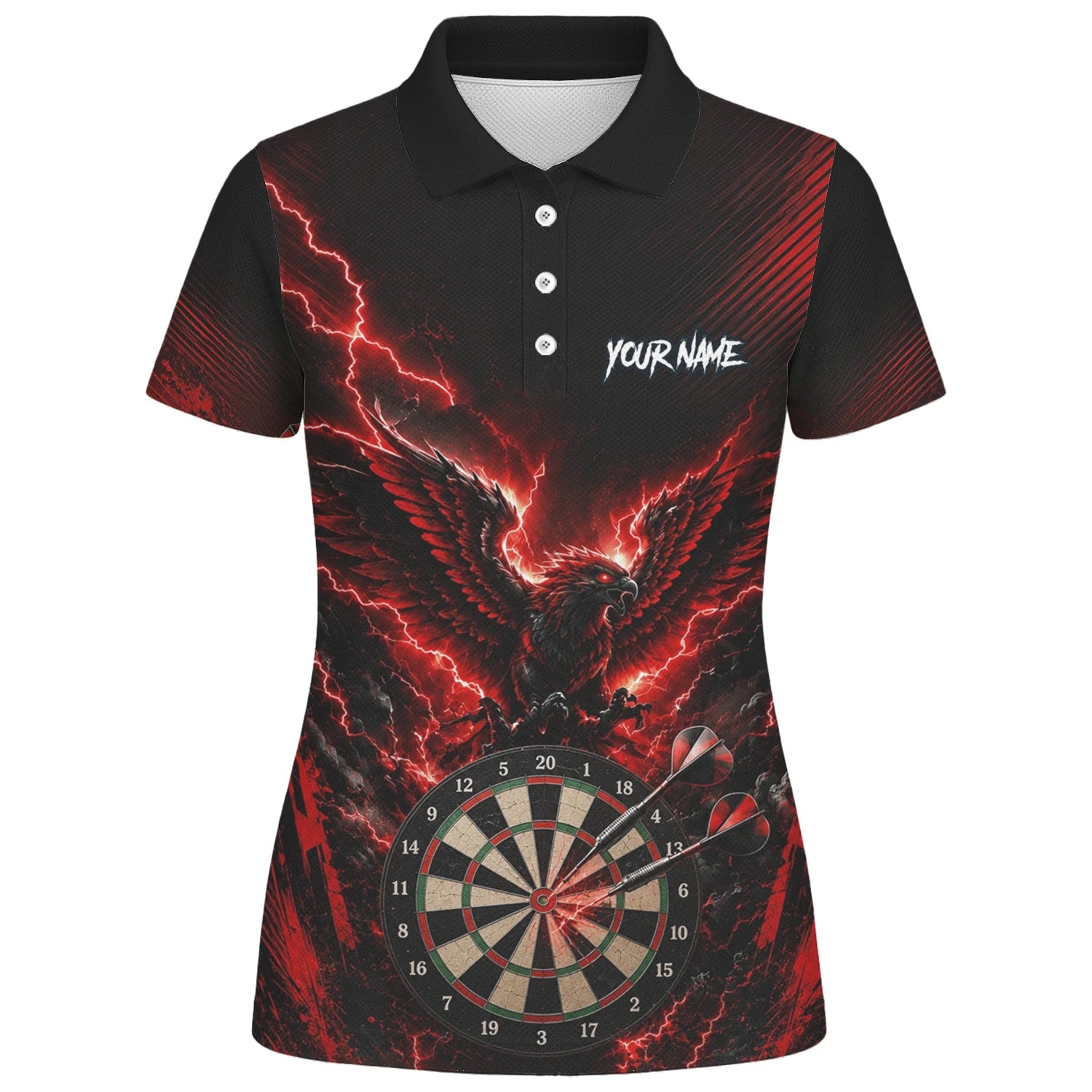 Personalisiertes Schwarz-rotes Phönix-Blitz-Dartboard Dartshirt für Damen J120
