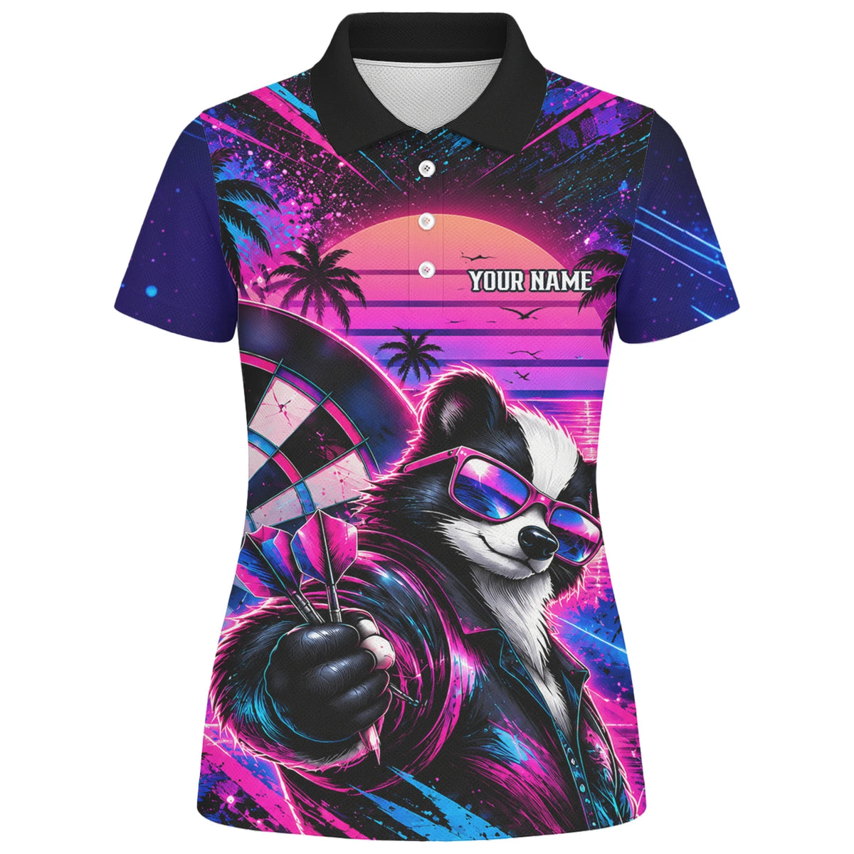 Personalisiertes Dartshirt in Pink, Lila und Blau mit Neon-Waschbären, Palmen, Sonnenuntergang und Dartscheibe für Damen N5114