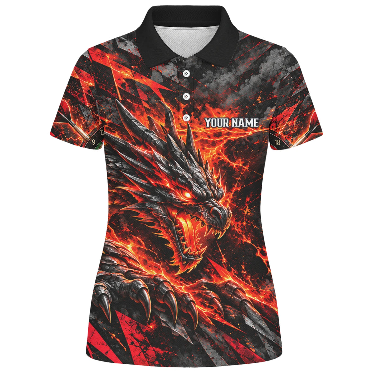 Personalisiertes Dartshirt mit schwarz-rotem Feuerdrachen und Dartscheibe für Damen B0683