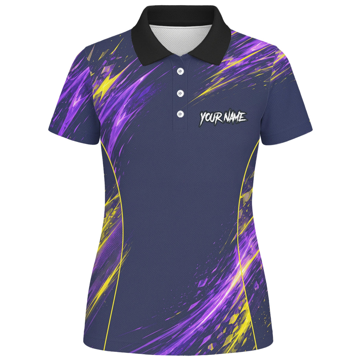 Personalisiertes Dartshirt mit dunkelblau-lila-gelbem abstraktem Design für Damen D517