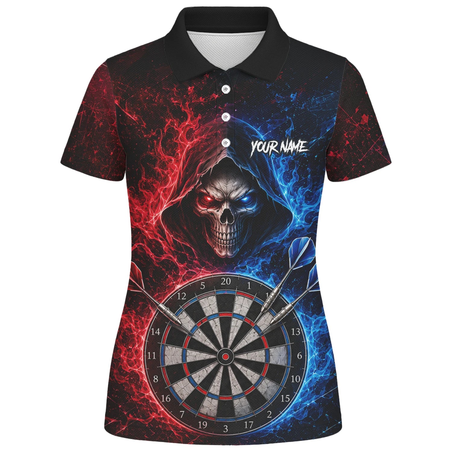 Personalisiertes Rot-blaues Totenkopf Dart Poloshirt für Damen L857