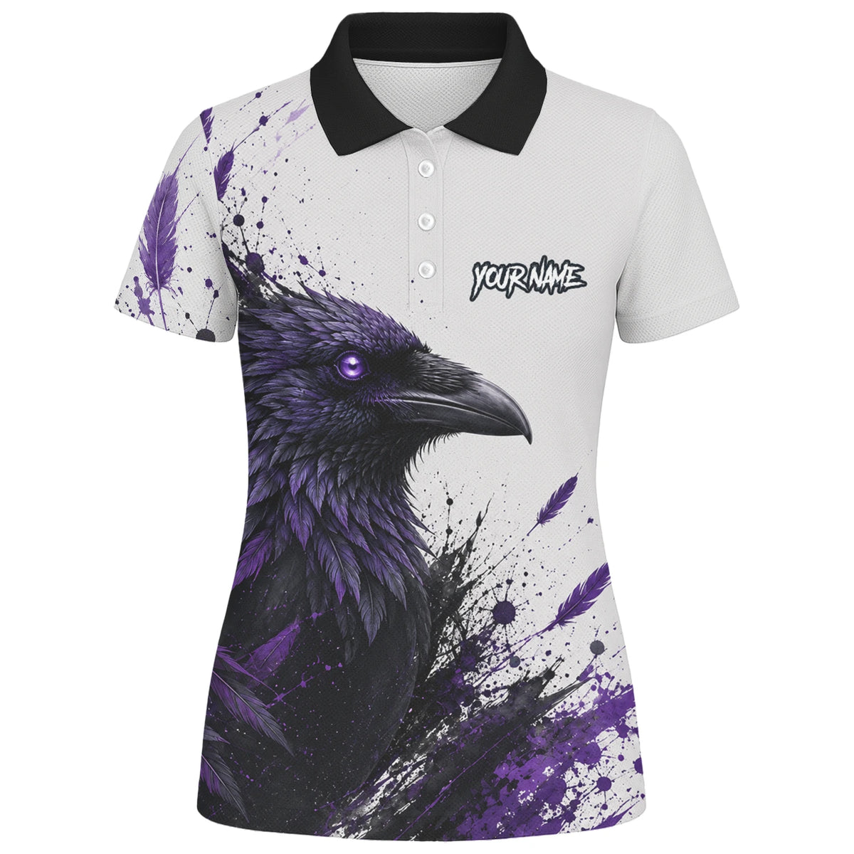 Personalisiertes Dartshirt mit weiß-schwarz-violettem Raben für Damen Z888