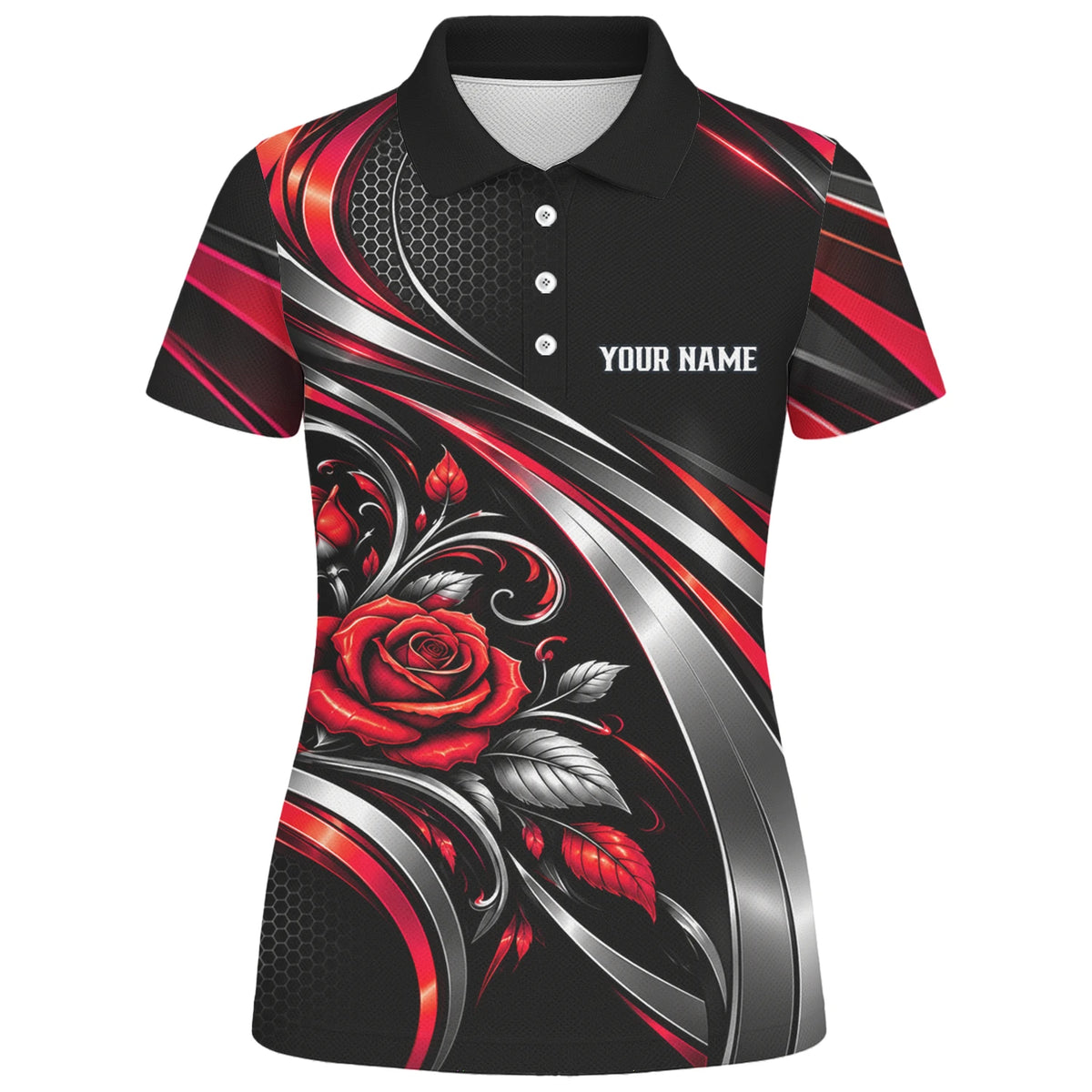 Personalisiertes Dartshirt in Schwarz, Rot und Silber mit Rosen, Flügeln und Dartscheibe für Damen Y2535