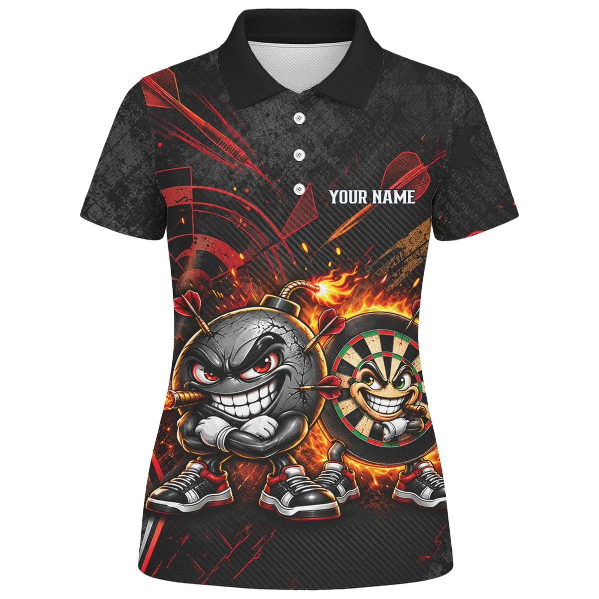 Personalisiertes Dartshirt mit schwarz-roter wütender Comic-Bombe und Dartscheibe für Damen C3423