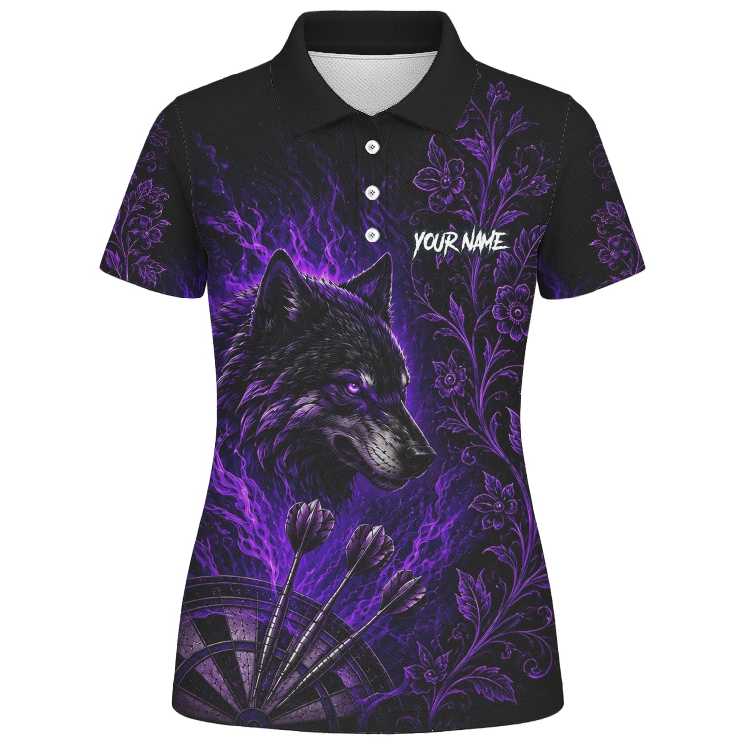Personalisiertes Schwarz-lila Wolf-Dartboard Dartshirt für Damen J133