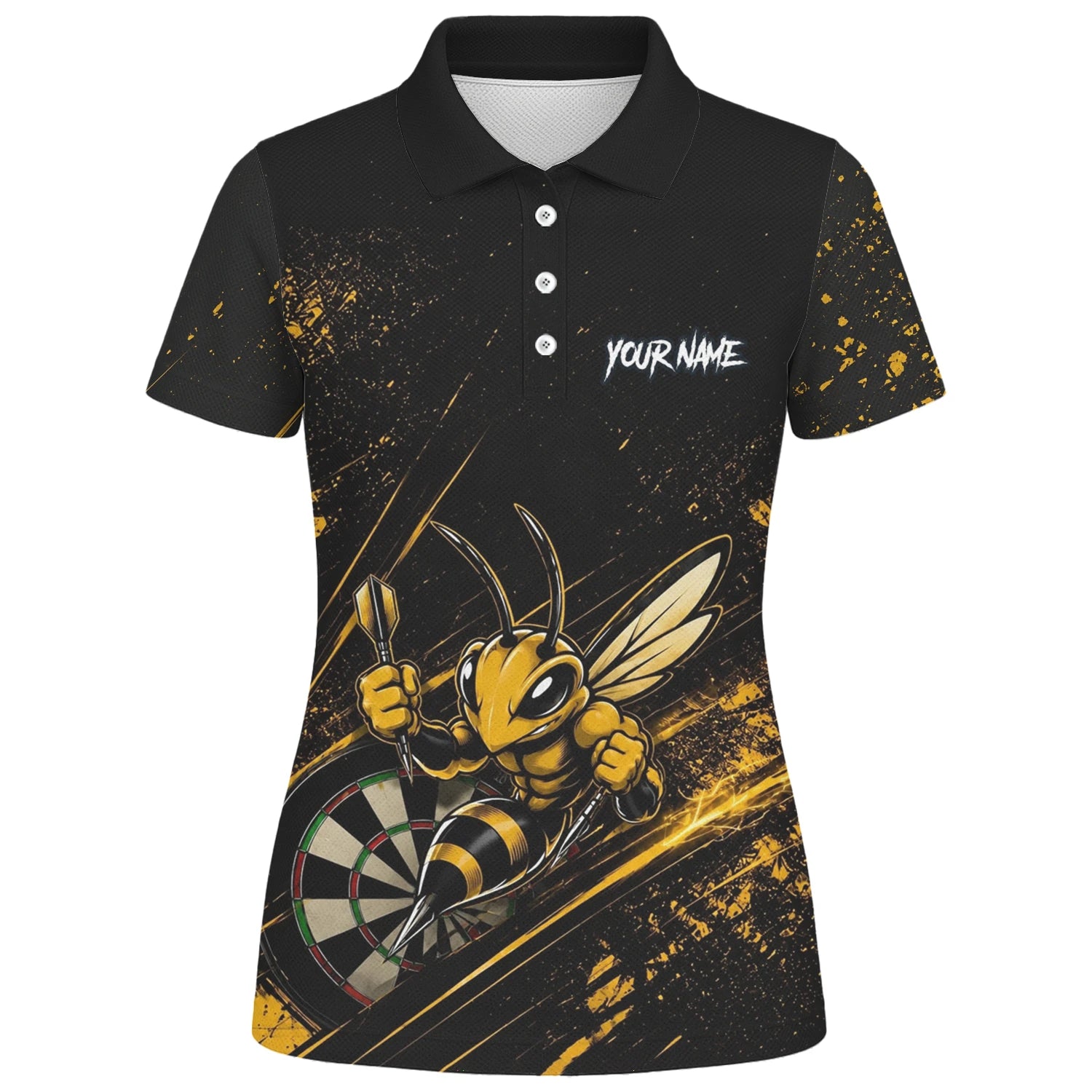 Personalisiertes Schwarz-goldenes Bienen-Dartboard Dartshirt für Damen L410