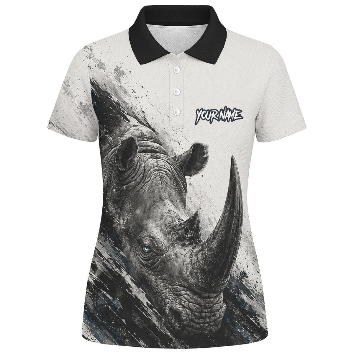 Personalisiertes Dartshirt mit weiß-schwarz-grauem Nashorn für Damen C312