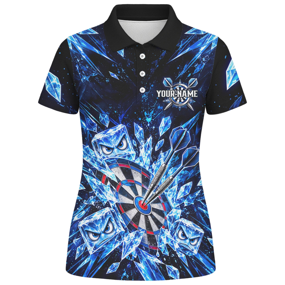 Personalisiertes Dartshirt in Schwarz und Blau mit Eiskristallen, Dartpfeilen und Dartscheibe für Damen X5114