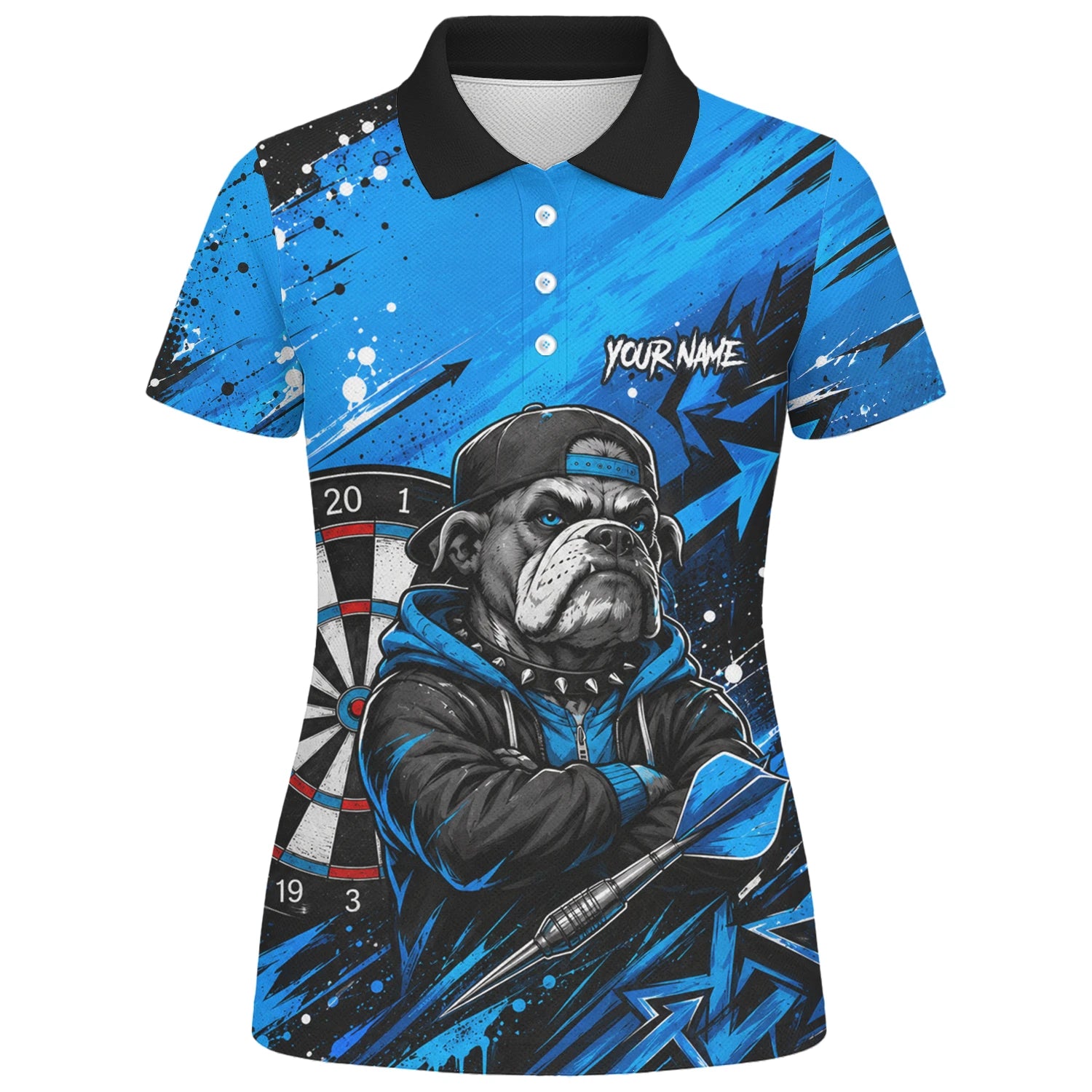Personalisiertes Blau-schwarzes Bulldoggen-Dartshirt für Damen D529
