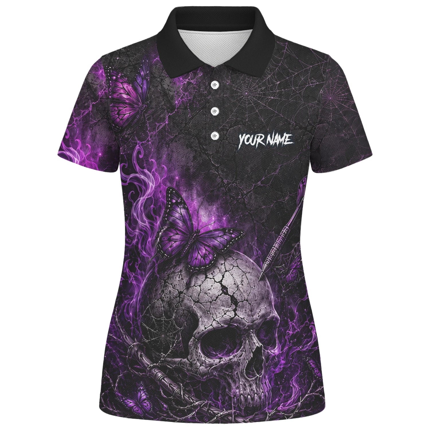 Personalisiertes Schwarz-lila Totenkopf-Schmetterling-Dartshirt für Damen Q241