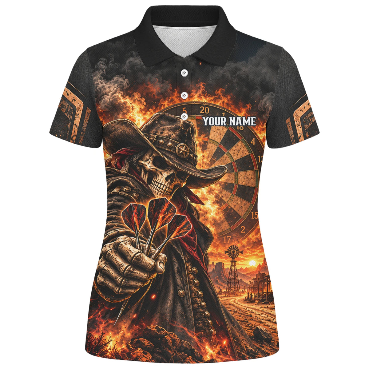 Personalisiertes Dartshirt in Schwarz und Orange mit Cowboy-Totenkopf, Flammen und Dartscheibe für Damen G9772