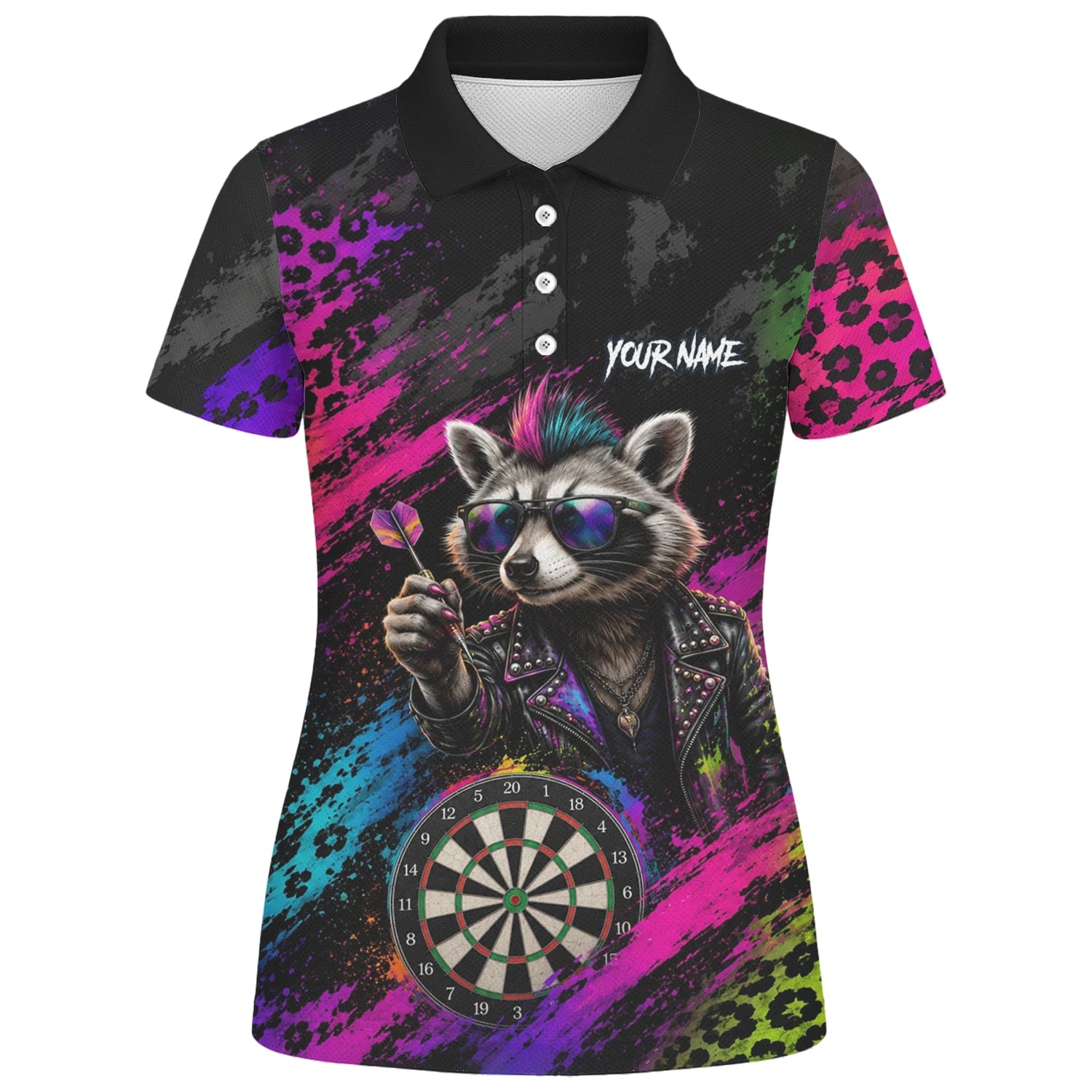 Personalisiertes Schwarz-buntes Punk-Waschbär-Dartboard Dartshirt für Damen E164