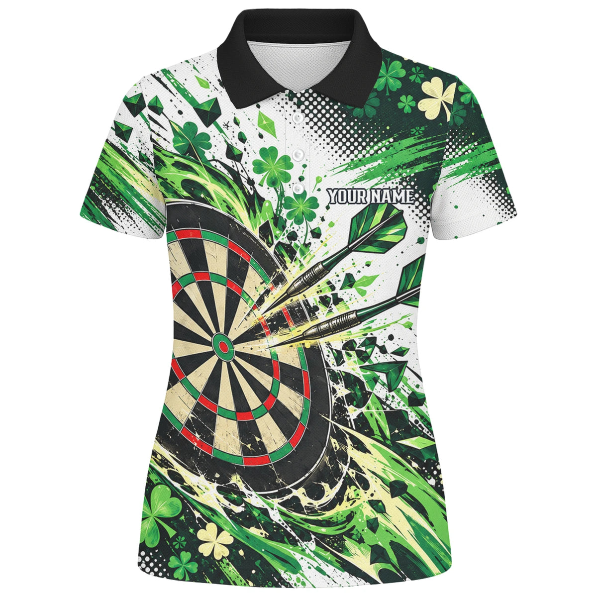 Personalisiertes Dartshirt in Grün, Schwarz und Weiß mit Kleeblättern und Dartscheibe für Damen J0950