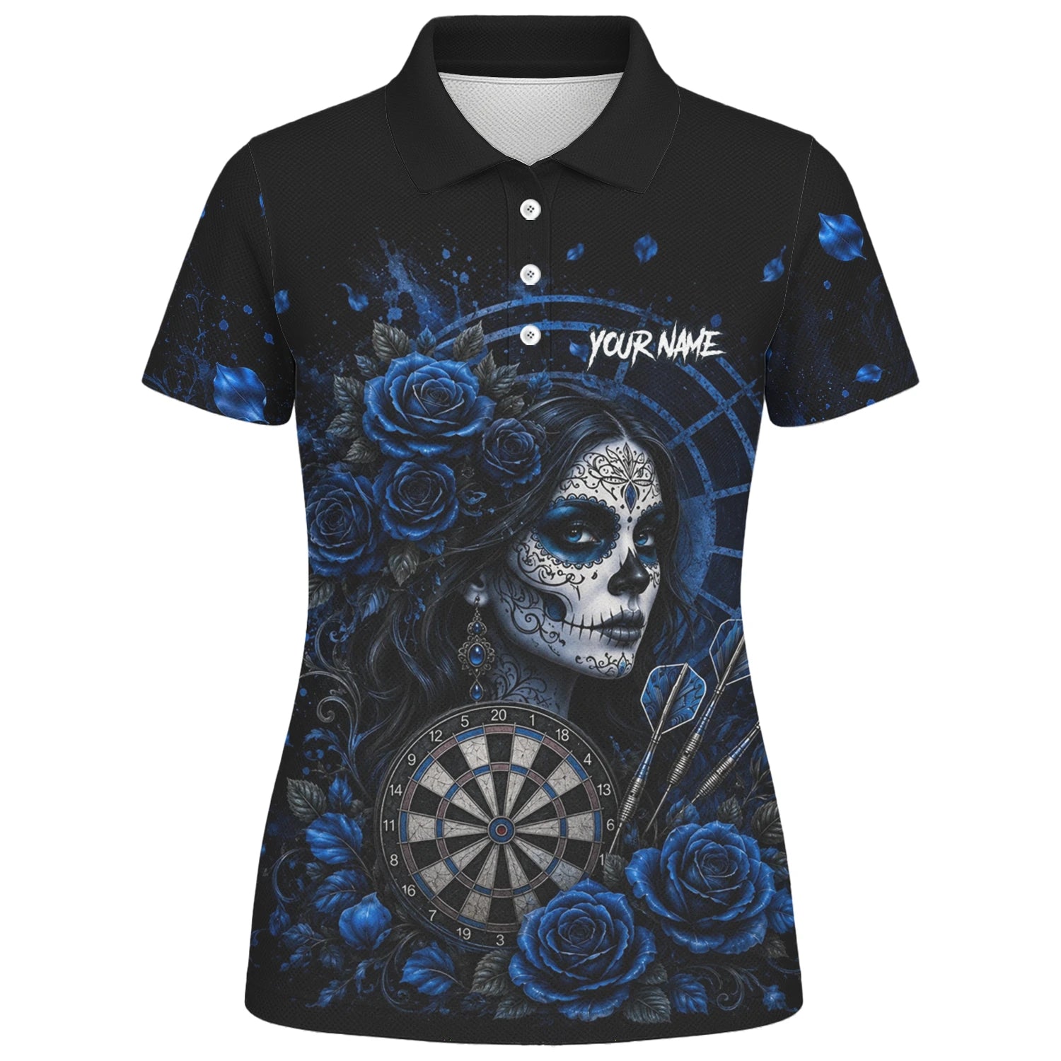 Personalisiertes Schwarz-blaues Sugar-Skull-Rosen-Dartshirt für Damen I884