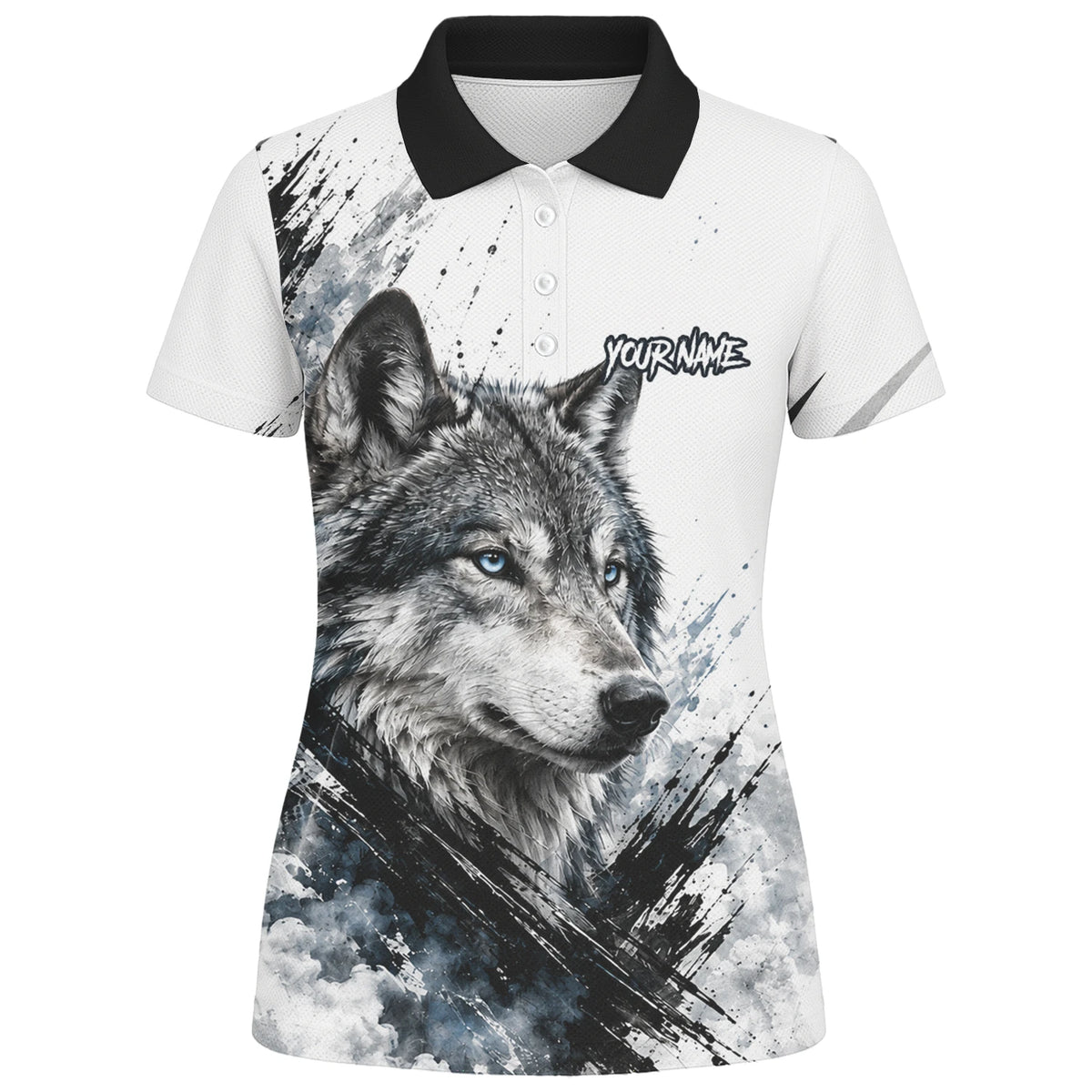 Personalisiertes Dartshirt mit weiß-schwarz-blauem Wolf für Damen P634