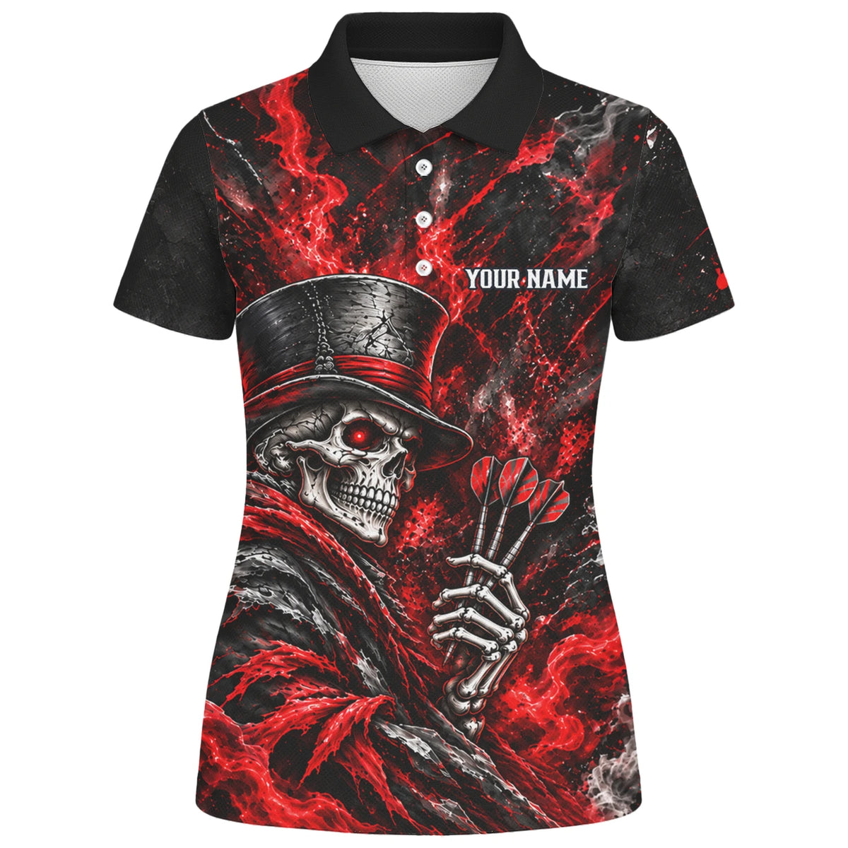Personalisiertes Dartshirt in Schwarz und Rot mit Skelett, Zylinder, Dartpfeilen und Dartscheibe für Damen R5016