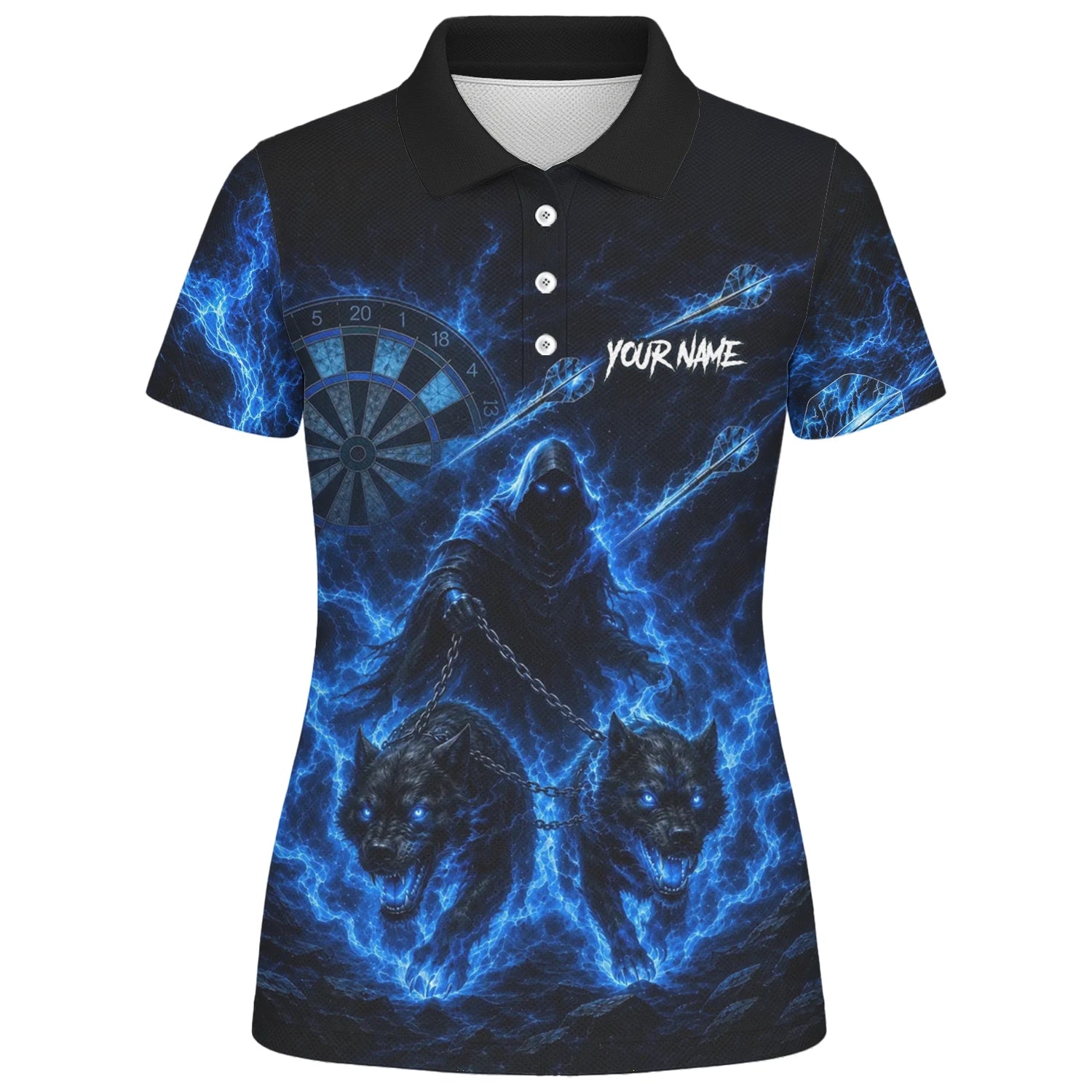 Personalisiertes Schwarz-blaues Sensenmann-und-Wölfe-Dartshirt für Damen X871